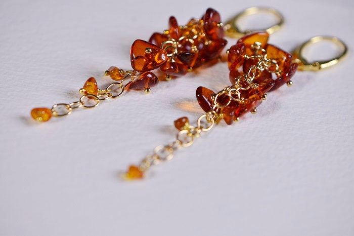 Baltic Amber Dangle Earrings, 14K Gold Filled, Honey Gemstone Cluster