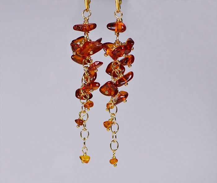 Baltic Amber Dangle Earrings, 14K Gold Filled, Honey Gemstone Cluster