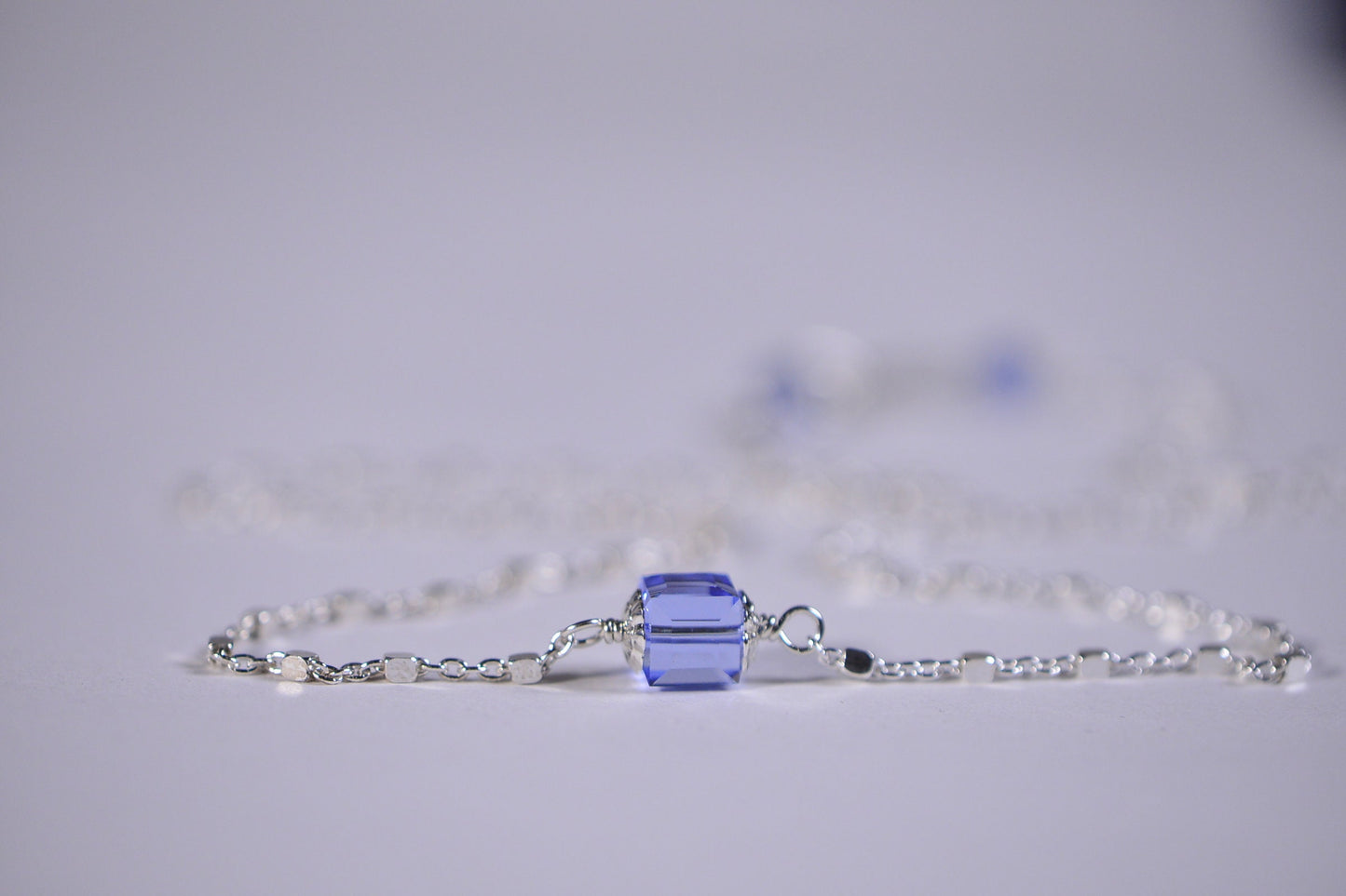 Blue Topaz Swarovski Crystal Necklace, Sterling Silver Box Chain