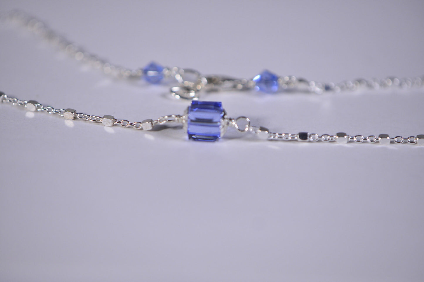 Blue Topaz Swarovski Crystal Necklace, Sterling Silver Box Chain