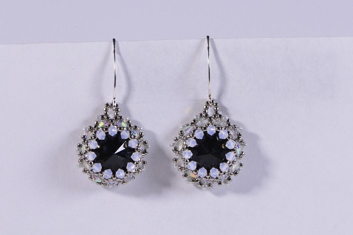 Handmade Black Crystal Rivoli Earrings, Sterling Silver, Beaded Jewelry