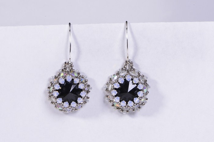 Handmade Black Crystal Rivoli Earrings, Sterling Silver, Beaded Jewelry