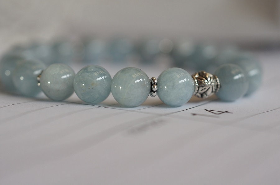 Aquamarine Bracelet, Sterling Silver Beads, Gemstone Healing Jewelry