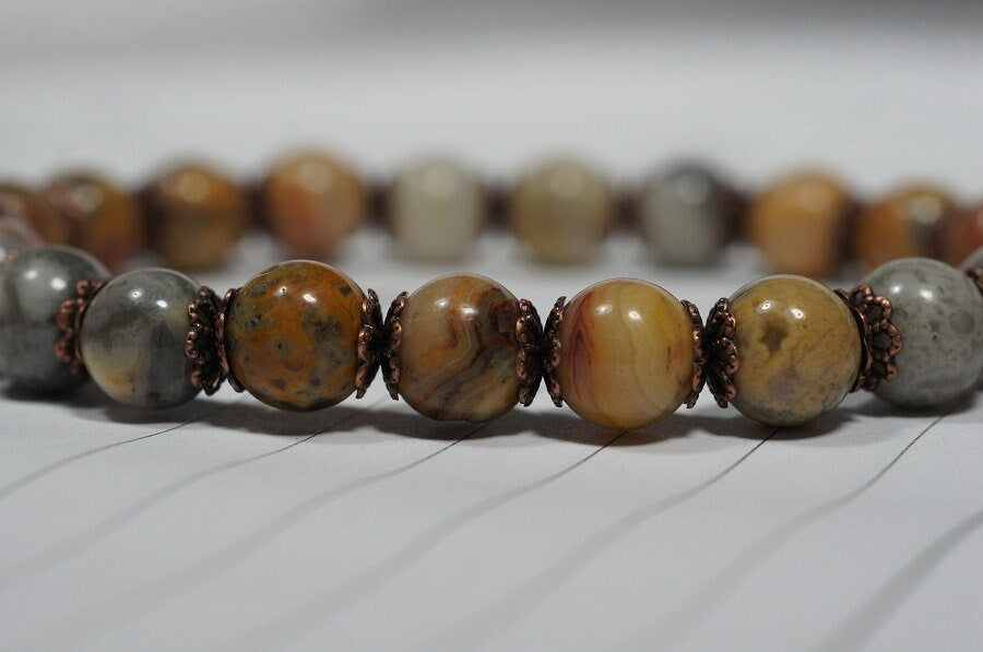 Crazy Lace Agate Bracelet: Natural Gemstone, Patina Silver Beads