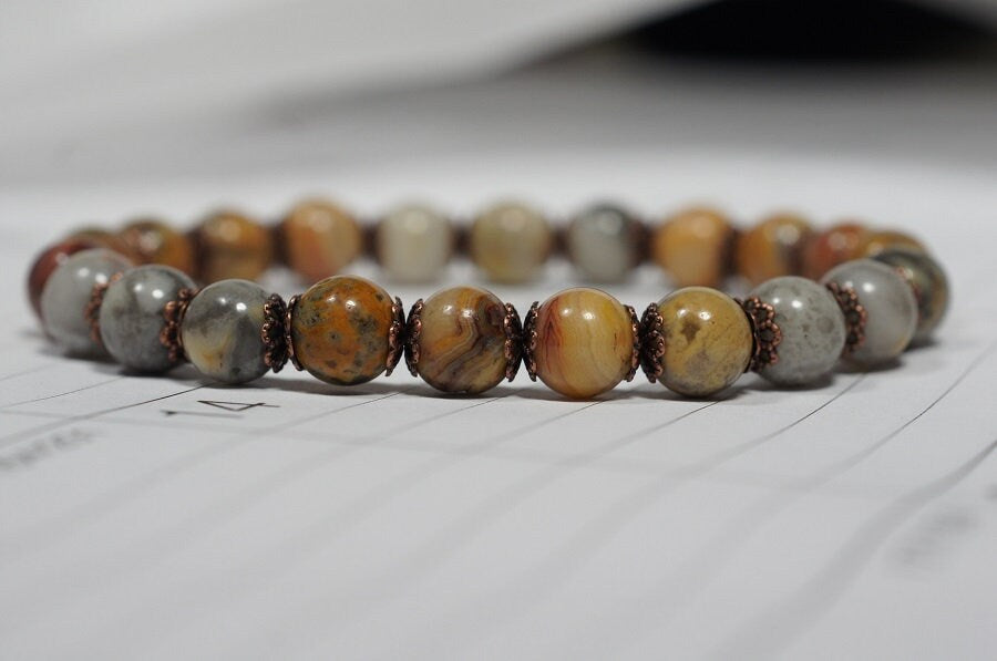 Crazy Lace Agate Bracelet: Natural Gemstone, Patina Silver Beads
