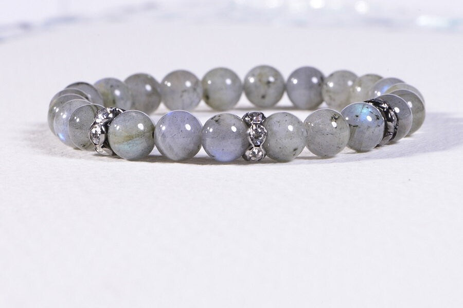 Labradorite Bracelet, Sterling Silver, Crystal Chakra, Yoga Wrist Mala