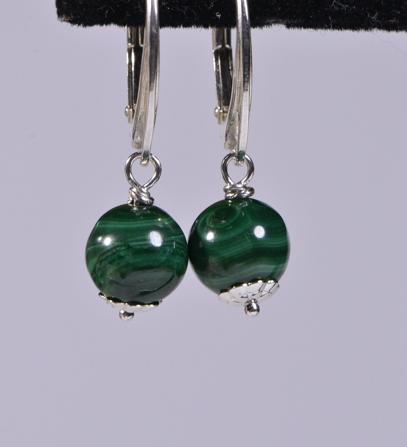 Malachite Earrings Simple Round Shape Drop Wire Wrapped Sterling Silver Minimalist Earrings For Her