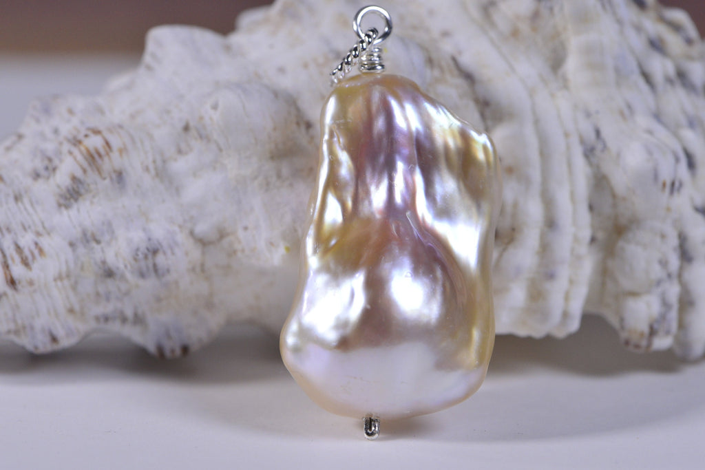 Baroque Pearl Pendant: Large Freshwater Pearl, Sterling Silver Wire