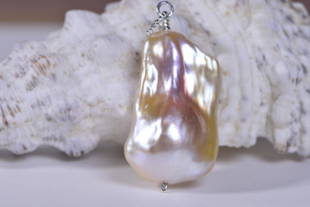 Baroque Pearl Pendant: Large Freshwater Pearl, Sterling Silver Wire