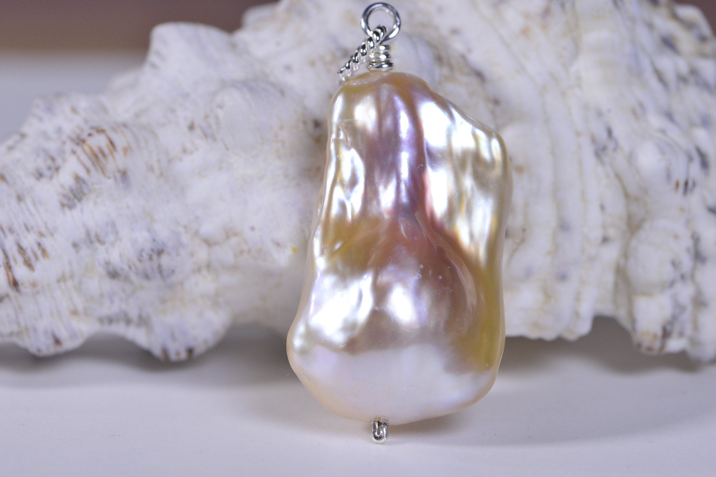 Baroque Pearl Pendant: Large Freshwater Pearl, Sterling Silver Wire