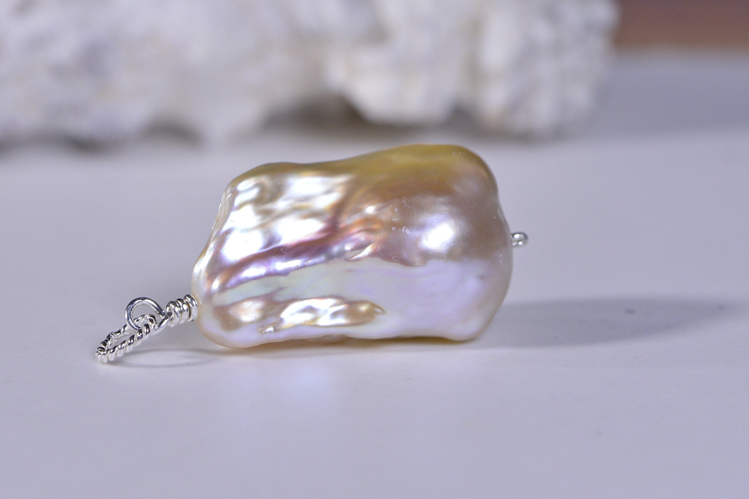Baroque Pearl Pendant: Large Freshwater Pearl, Sterling Silver Wire
