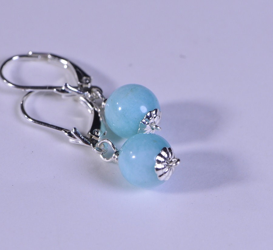 Amazonite Earrings: Wire Wrapped Sterling Silver, Light Blue Gemstone