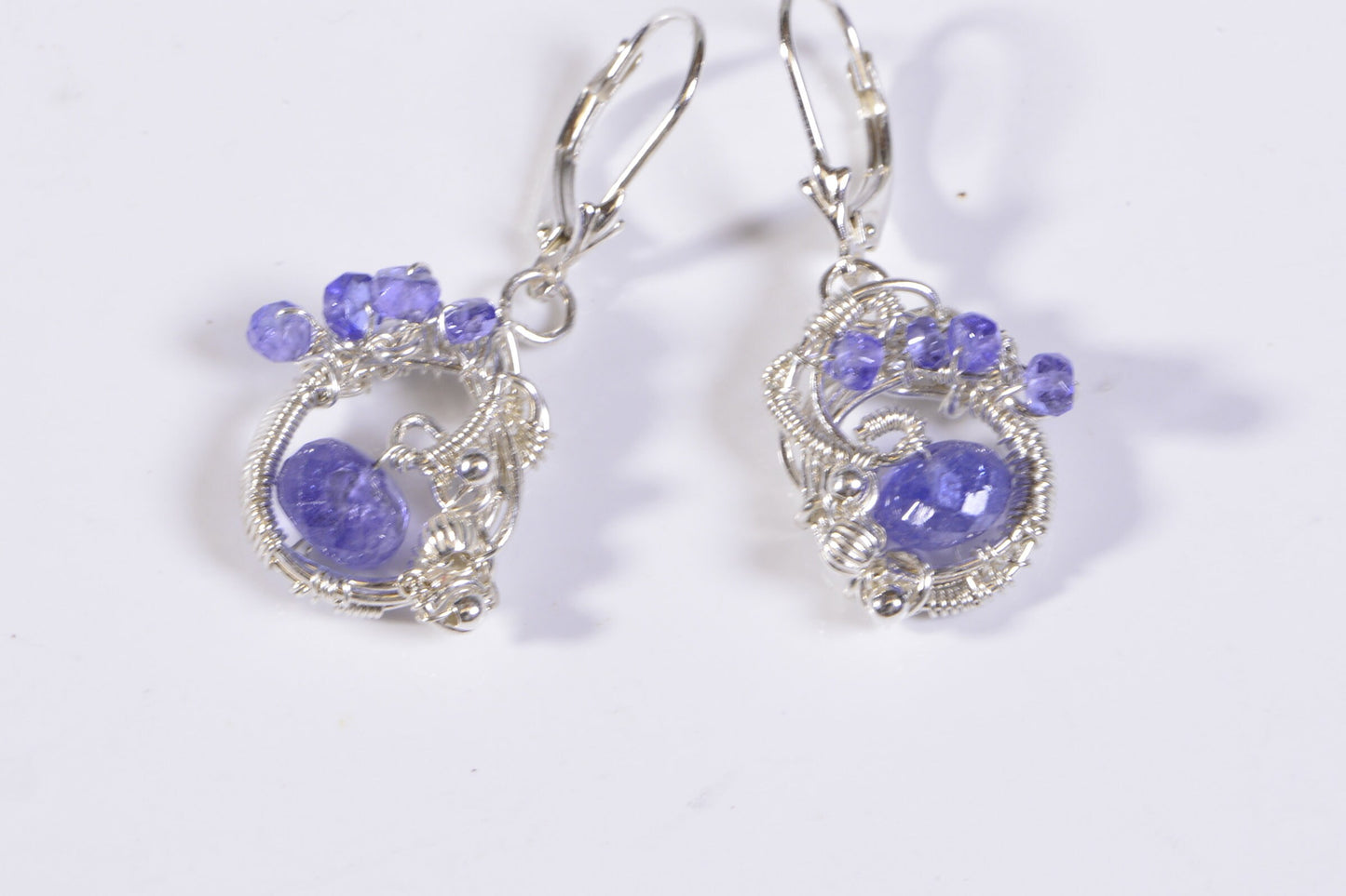 Wire Wrapped Tanzanite Earrings, Sterling Silver Leverback
