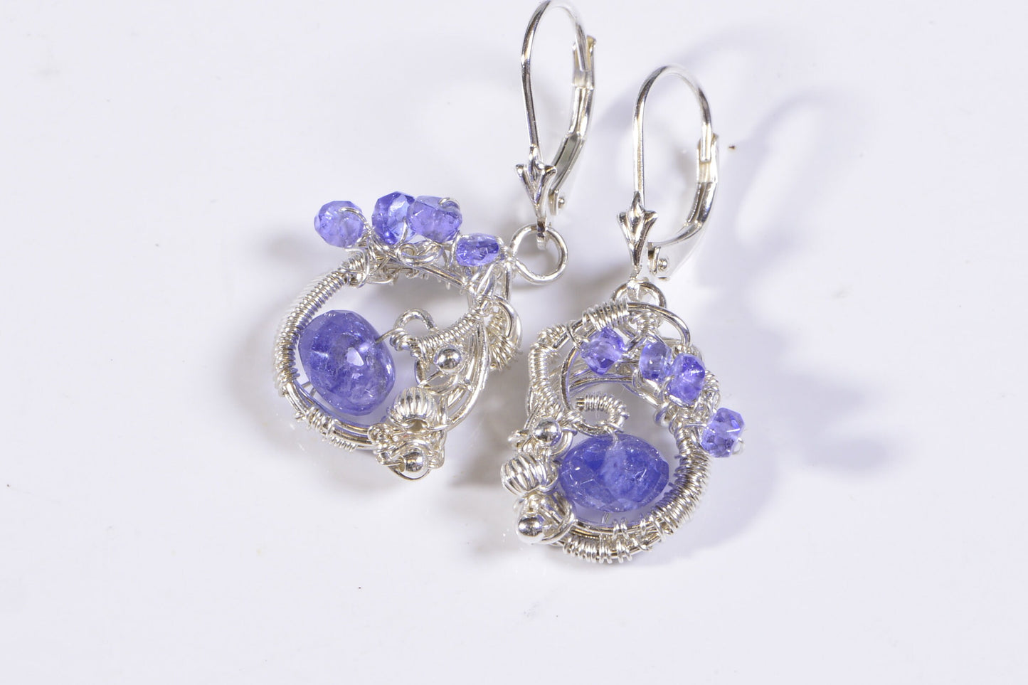 Wire Wrapped Tanzanite Earrings, Sterling Silver Leverback