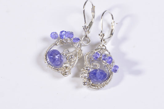 Wire Wrapped Tanzanite Earrings, Sterling Silver Leverback