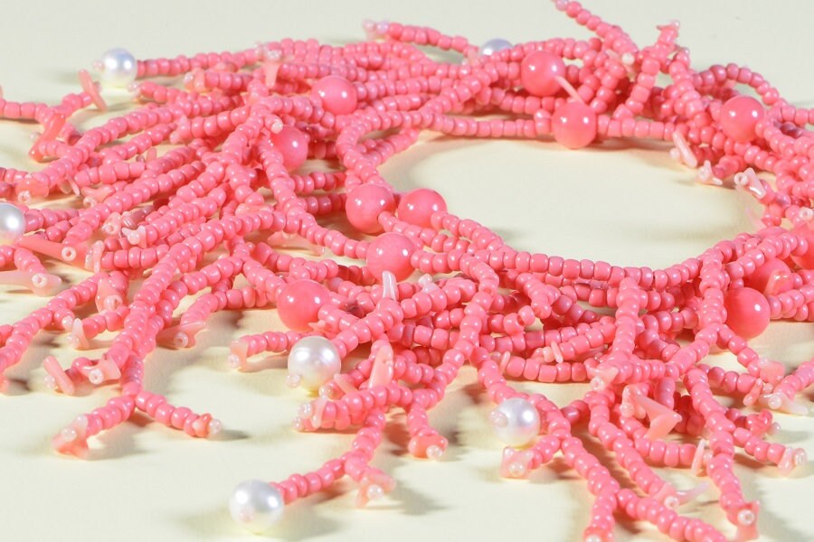Coral & Pearl Fringe Necklace, Pink Seed Beadwork