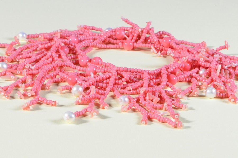 Coral & Pearl Fringe Necklace, Pink Seed Beadwork