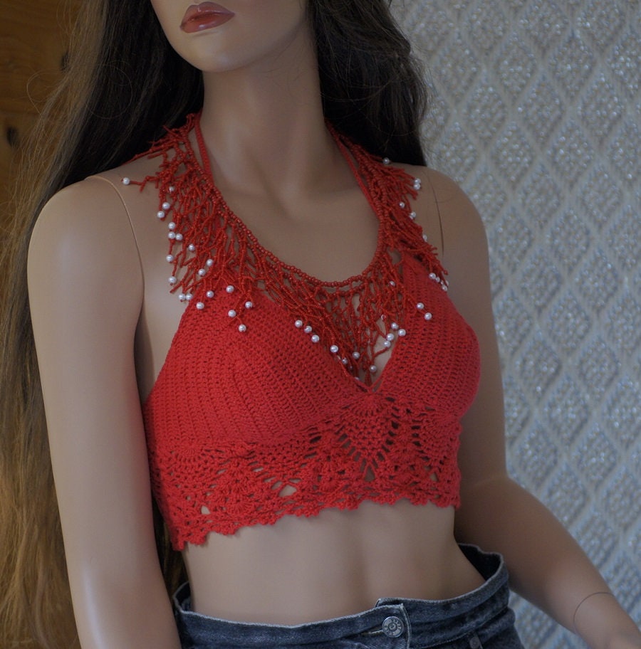 Red Coral Fringe Necklace, Glass Bead Bib Statement Jewelry