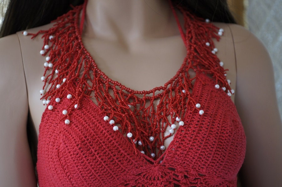 Red Coral Fringe Necklace, Glass Bead Bib Statement Jewelry