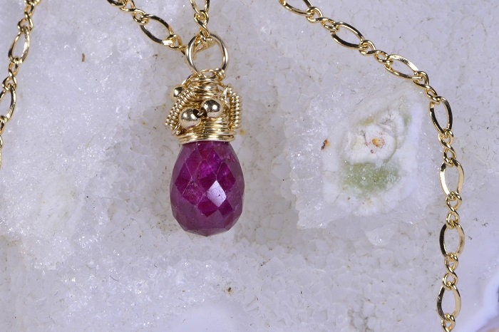 Birthstone Ruby Necklace  14K Gold Jewelry Wire Wrapped Ruby pendant Birthday July Stone