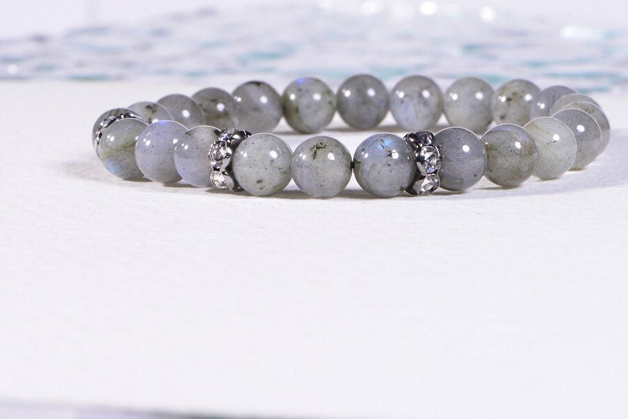 Labradorite Bracelet, Sterling Silver, Crystal Chakra, Yoga Wrist Mala