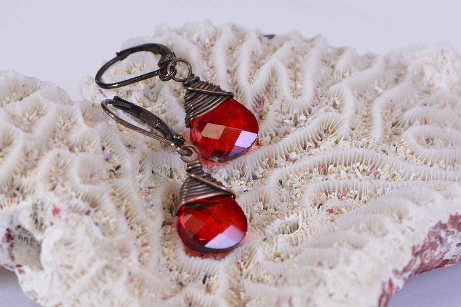 Red Crystal Briolette Earrings, Wire Wrapped Copper Jewelry
