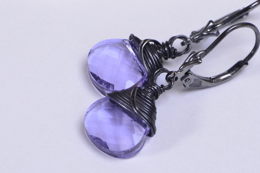 Purple Crystal Sterling Silver Dangle Earrings, Patina Finish