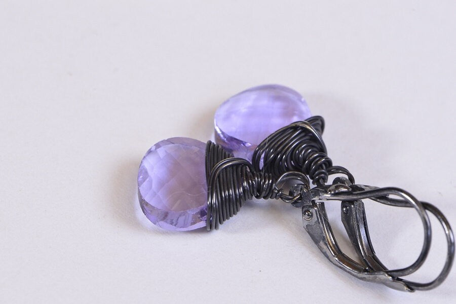 Purple Crystal Sterling Silver Dangle Earrings, Patina Finish