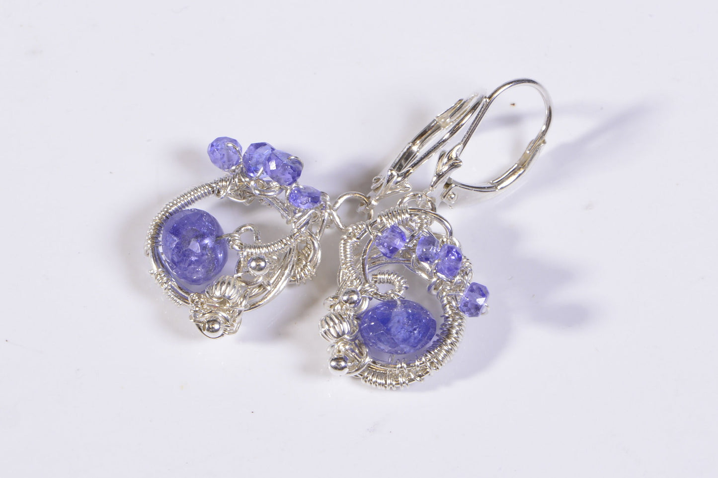 Wire Wrapped Tanzanite Earrings, Sterling Silver Leverback