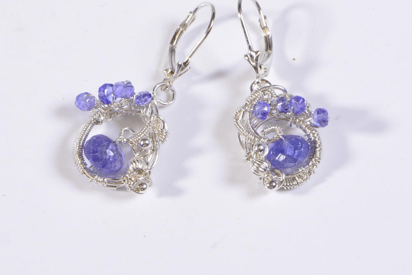 Wire Wrapped Tanzanite Earrings, Sterling Silver Leverback