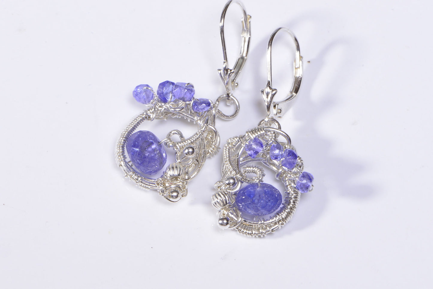 Wire Wrapped Tanzanite Earrings, Sterling Silver Leverback