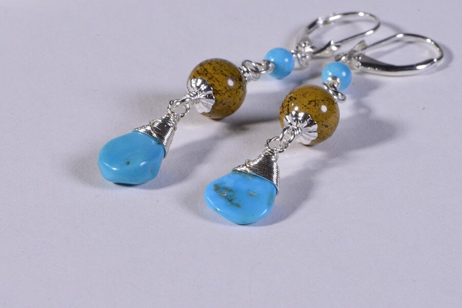 Wire Wrapped Sterling Green Gaspeite Sleeping Beauty Turquoise  Native American Earrings