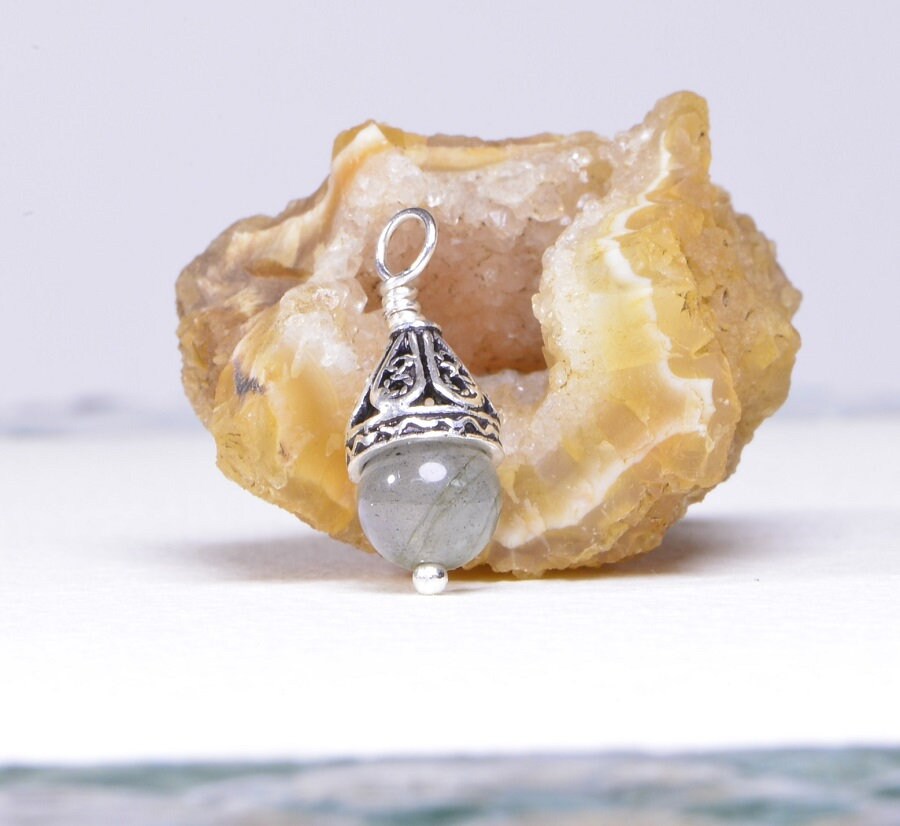 Labradorite Dangle: Sterling Silver Wire Wrapped Gemstone Bead