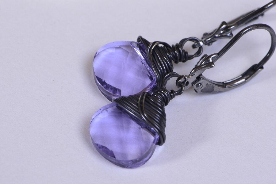 Purple Crystal Sterling Silver Dangle Earrings, Patina Finish