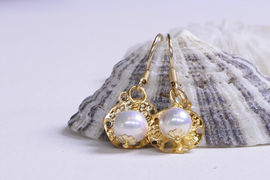 Gold Pearl Earrings Bridesmaid Gift Party Pansy shell starfish pendant Ocean Gift
