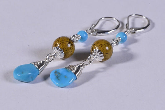 Wire Wrapped Sterling Green Gaspeite Sleeping Beauty Turquoise  Native American Earrings