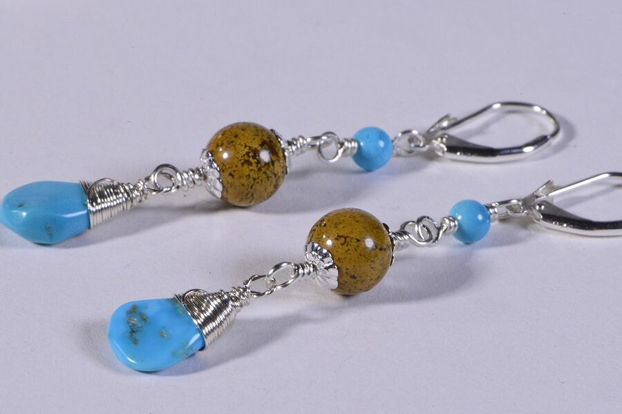 Wire Wrapped Sterling Green Gaspeite Sleeping Beauty Turquoise  Native American Earrings