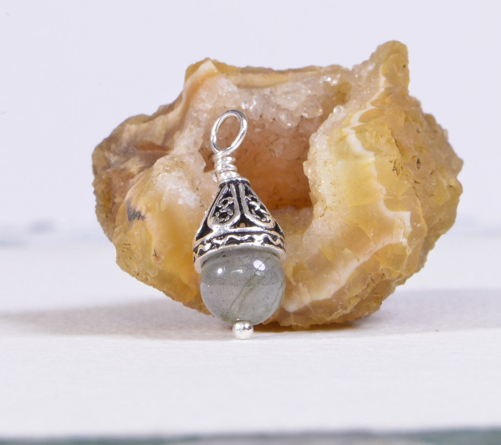 Labradorite Dangle: Sterling Silver Wire Wrapped Gemstone Bead