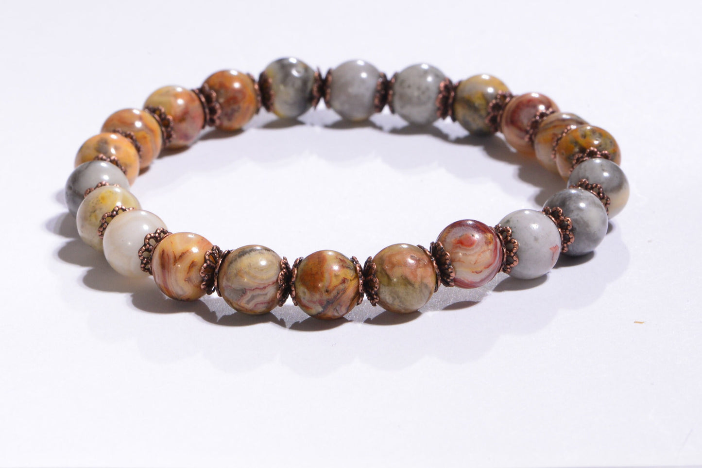 Crazy Lace Agate Bracelet: Natural Gemstone, Patina Silver Beads
