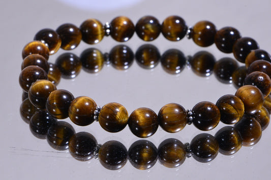 8mm Tiger Eye Gemstone Bracelet, Sterling Silver, Mens Wrist Mala