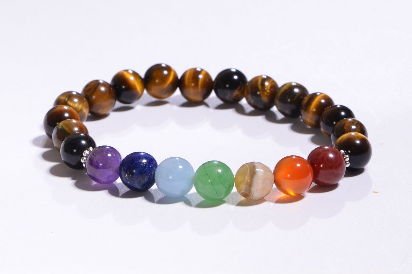 Tiger Eye Seven Stone Chakra Bracelet, Sterling Silver Beads