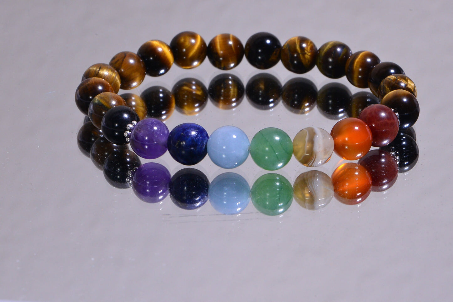 Tiger Eye Seven Stone Chakra Bracelet, Sterling Silver Beads