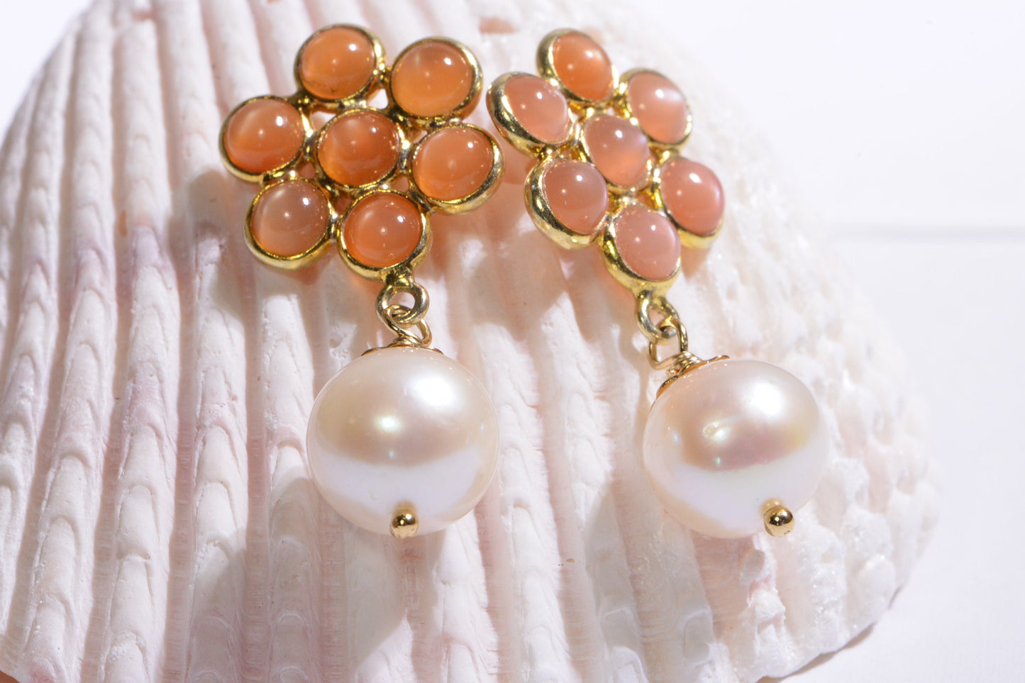 Moonstone Floral Drop Earrings, Pearl Dangle, June Birthstone