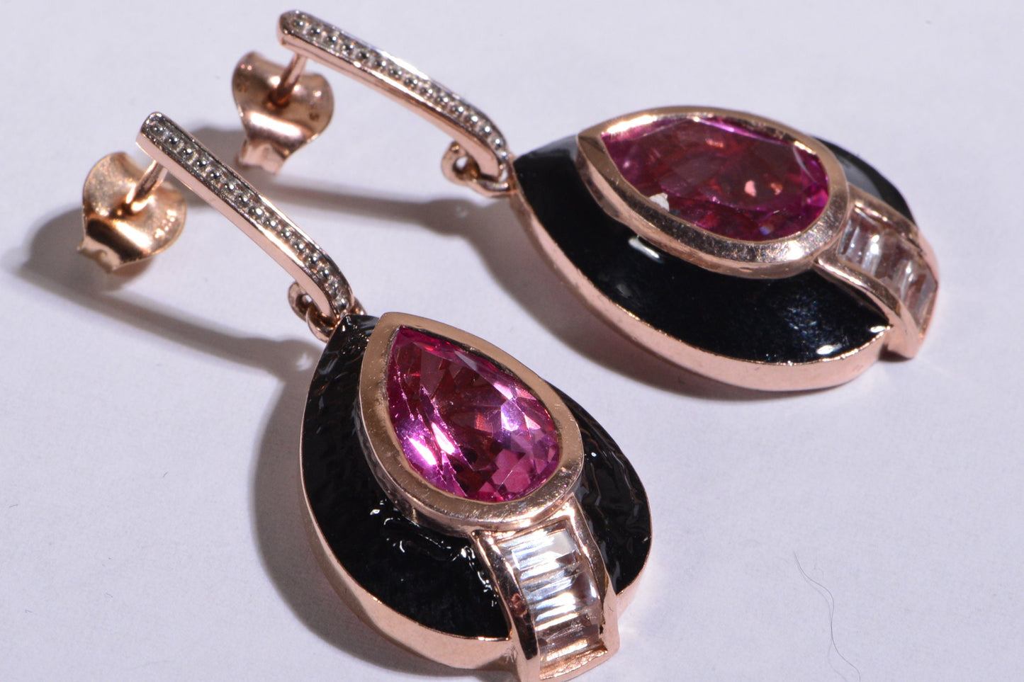 Pink Topaz Teardrop Earrings, Rose Gold Over Sterling Silver, Black Enamel