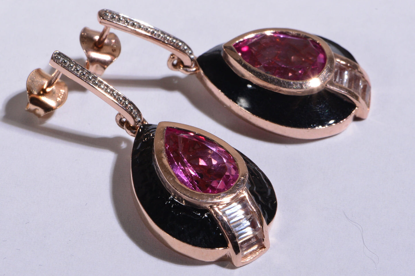 Pink Topaz Teardrop Earrings, Rose Gold Over Sterling Silver, Black Enamel