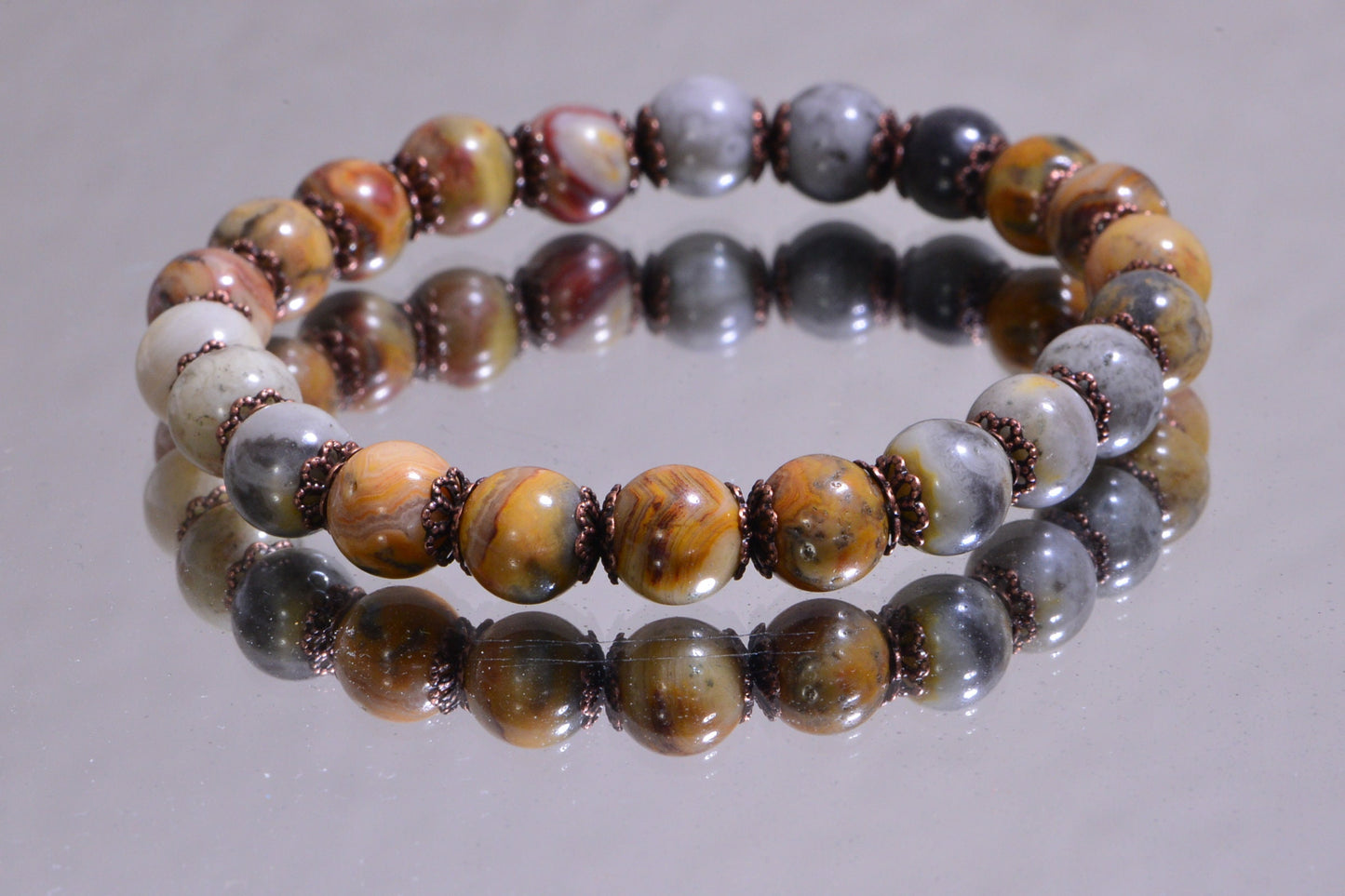 Crazy Lace Agate Bracelet: Natural Gemstone, Patina Silver Beads