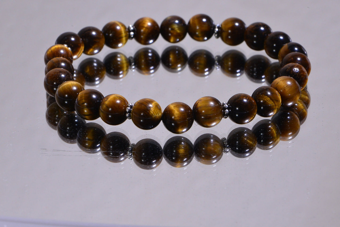 8mm Tiger Eye Gemstone Bracelet, Sterling Silver, Mens Wrist Mala