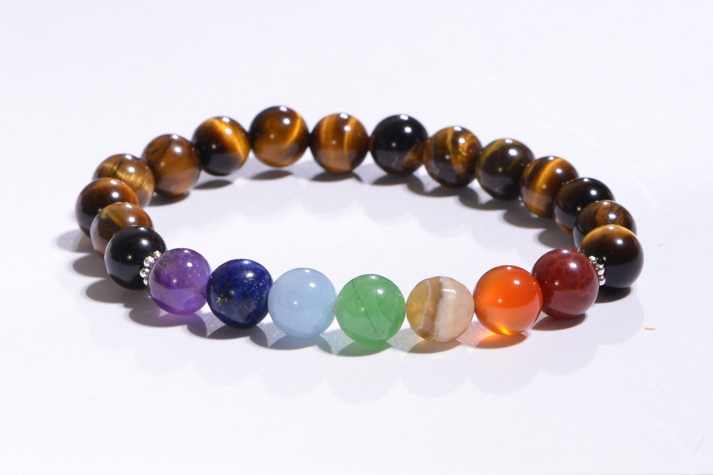 Tiger Eye Seven Stone Chakra Bracelet, Sterling Silver Beads