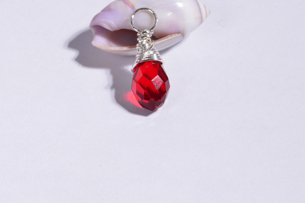 Red Crystal Teardrop Pendant: Sterling Silver Filled Wire Wrapped Charm
