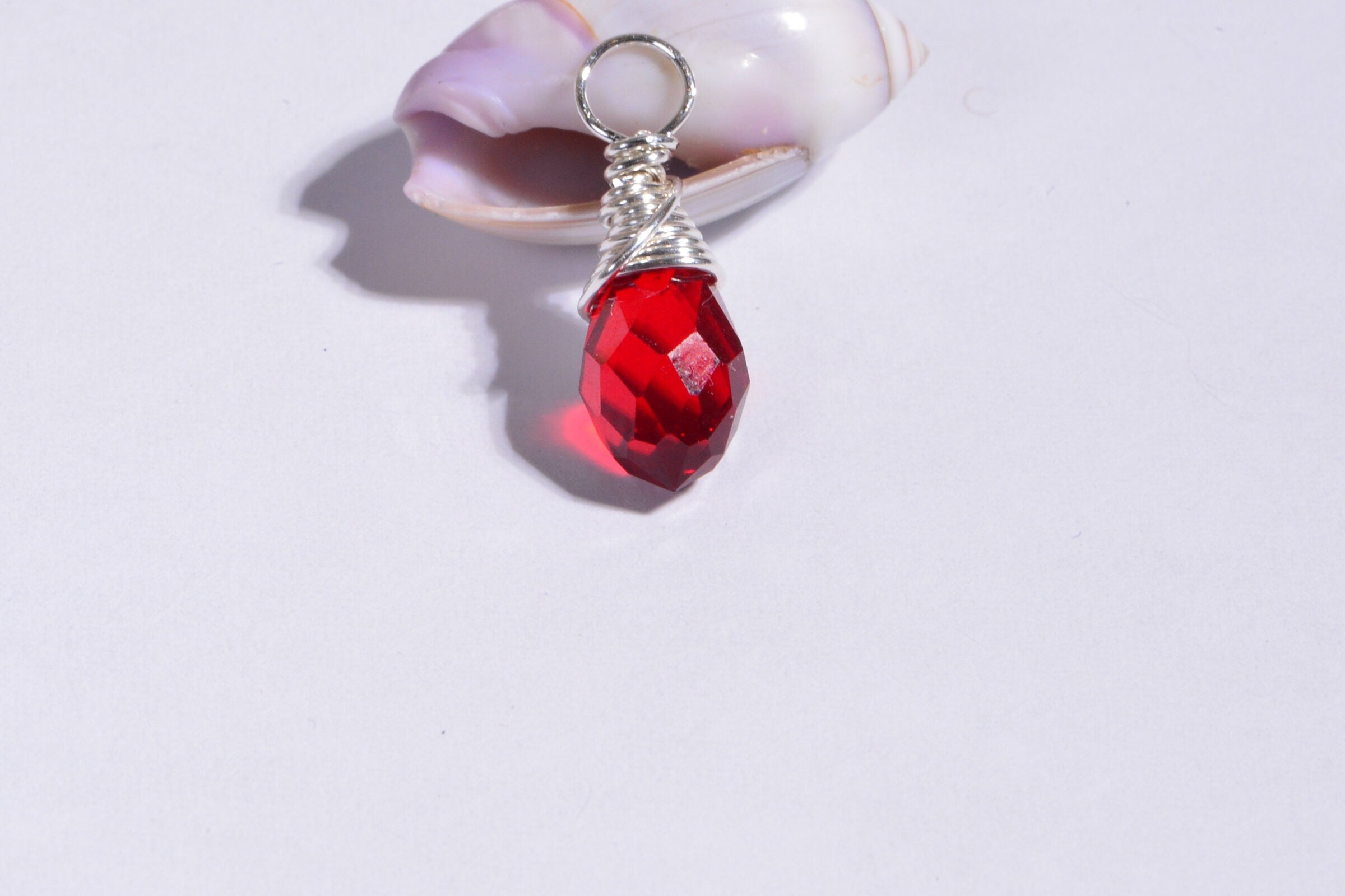 Red Crystal Teardrop Pendant: Sterling Silver Filled Wire Wrapped Charm